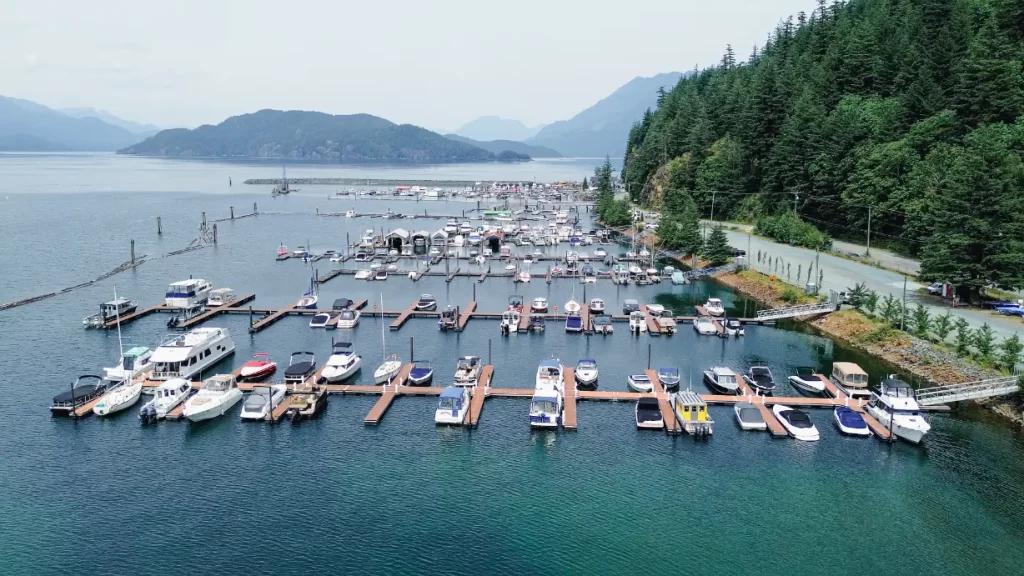 A high up drone shot of the Harrison Hot Springs Marina. All of the marina's docks are lined up in a row, with an assortment of boats moored there.