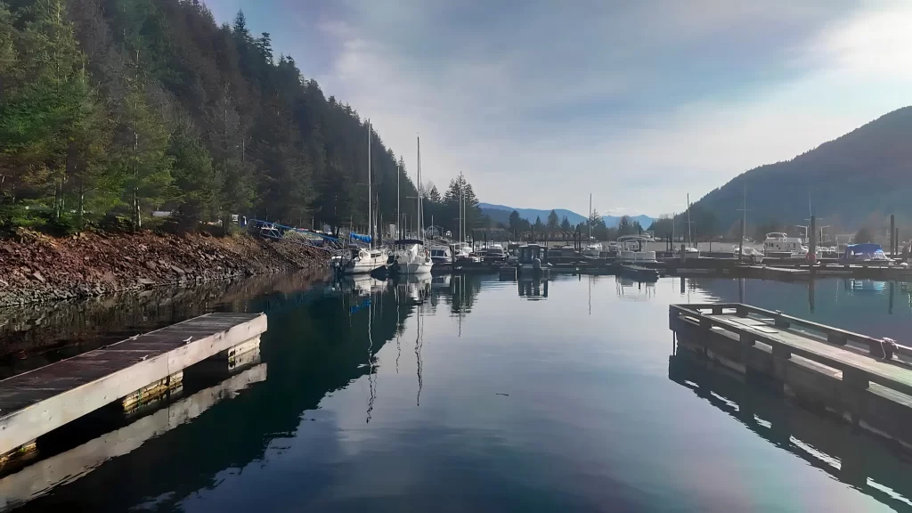 A photo of Harrison Hot Springs Marina taken from one of the docks. The forested mountains surrounding Harrison Lake can be seen in the background.