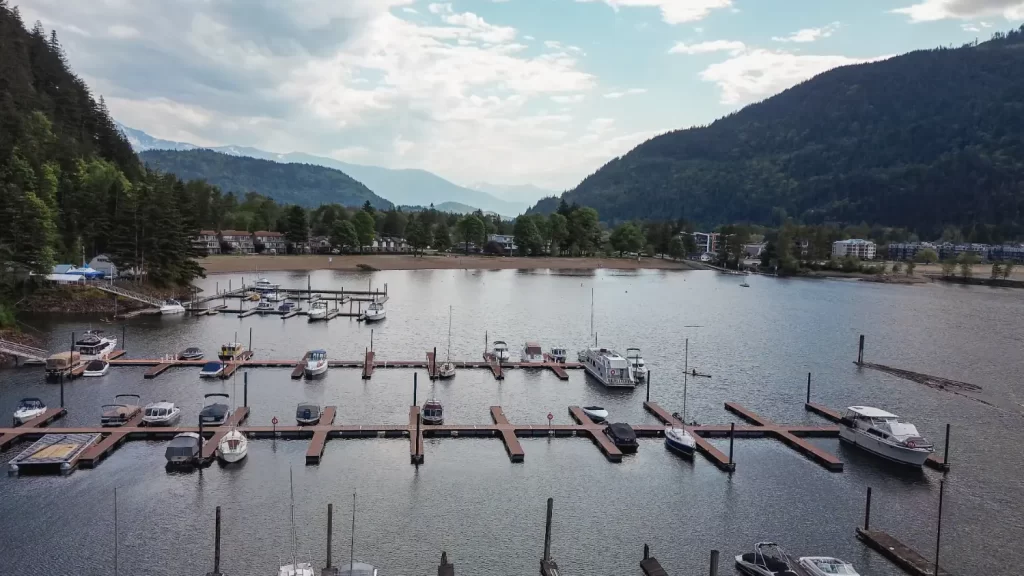 A drone photo of the new docks at Harrison Hot Springs Marina. The beaches of Township of Harrison Hot Springs can be seen in the background.