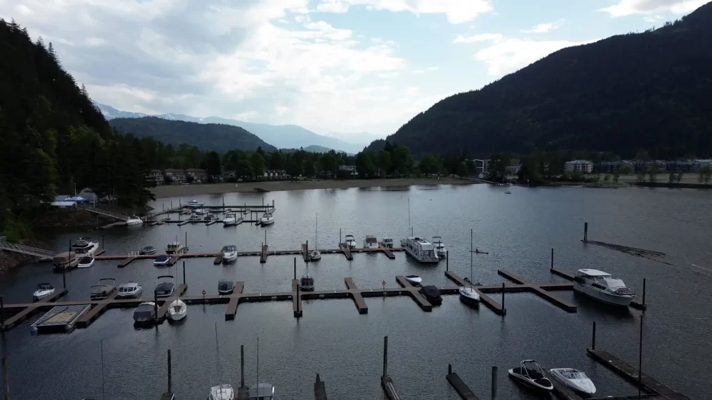 A drone photo of the new docks at Harrison Hot Springs Marina. The beaches of Township of Harrison Hot Springs can be seen in the background.