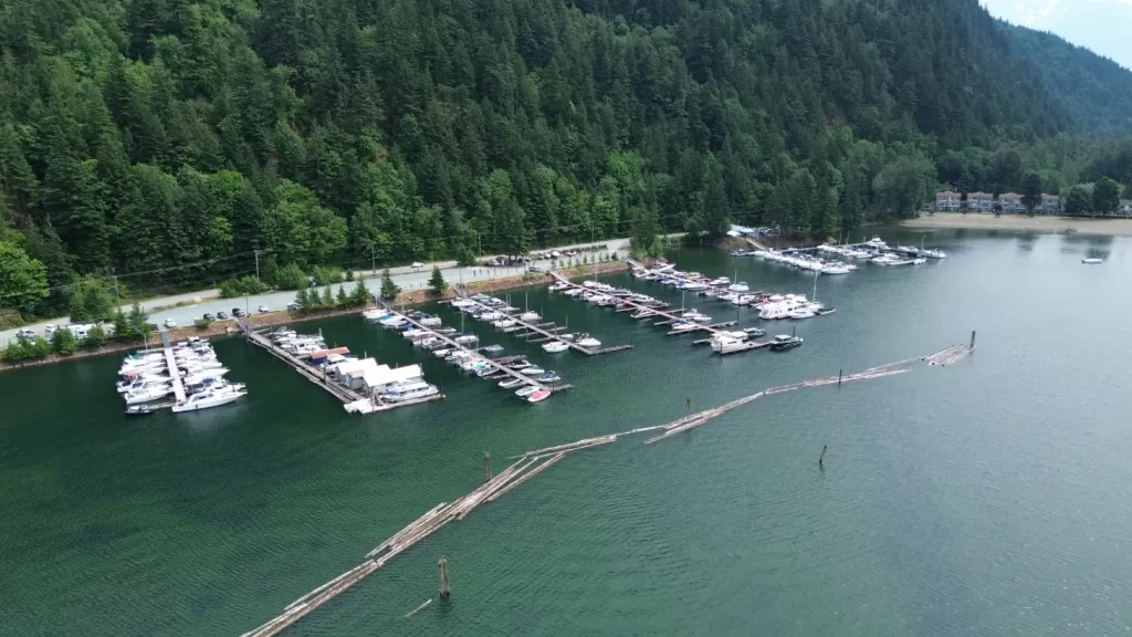 A photo of Harrison Hot Springs Marina taken from a distance above the Harrison Lake. You can see every dock, the parking lot, and the green mountain in the background.
